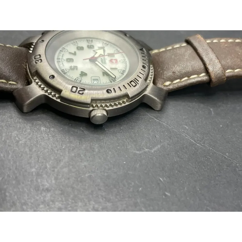 Victorinox Swiss Army Watch Men 40mm Silver Tone Date Swiss Made Brown Band